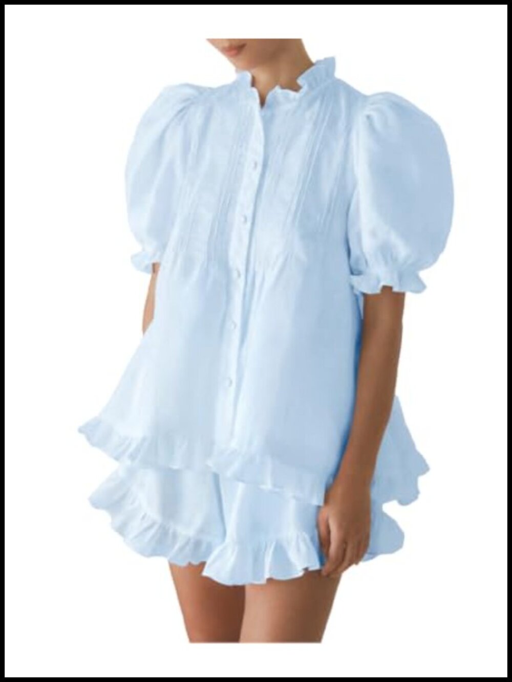 Women Ruffle Pajama Shorts Set Puff Sleeve Cotton 2 Piece Lounge Set